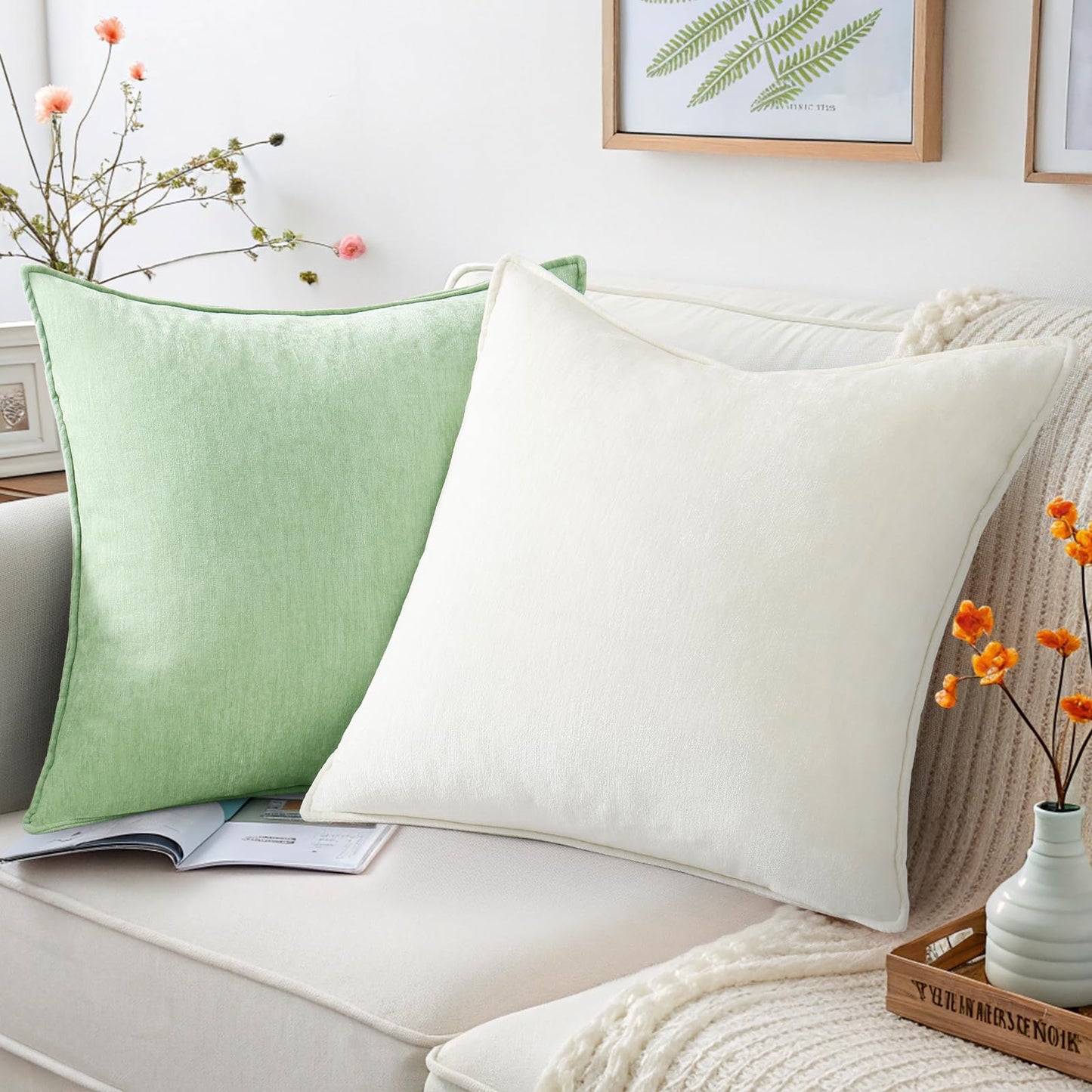 decorUhome Summer Couch Euro Sham Throw Pillow Covers 24x24 Set of 2, Decorative Soft Velvet Modern Cozy Chenille Pillow Cases with Elegant Design for Sofa Bed Living Room Home Decor, Cream White