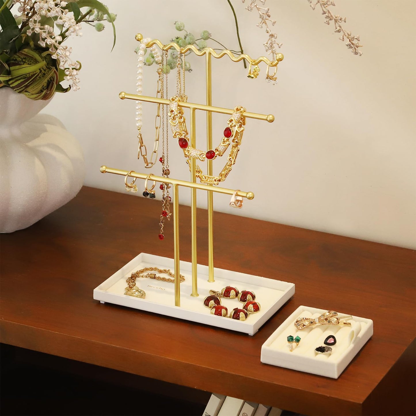 necvha Jewelry Stand Holder Organizer, 3 Tier Bracelet Holder Display with Detachable Velvet Tray, Elegant Jewlery Tower for Display Bracelet, Necklace, Earrings, Rings (Beige)