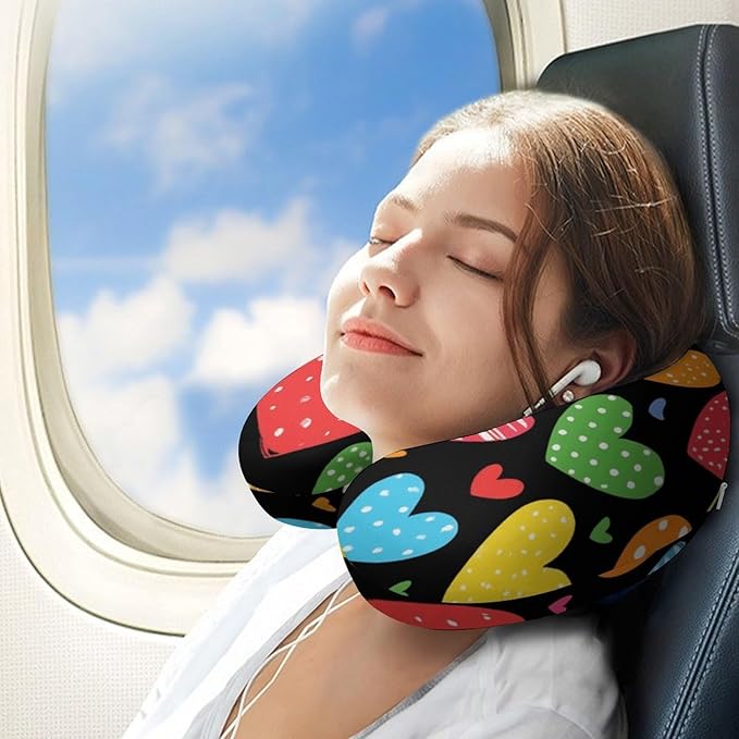 Soft Polyester Travel Neck Pillow, LGBT Pride Rainbow Hearts U-Shaped, Cervical Support Compact for Bus Airplane Rest, Machine Washable Breathable Design
