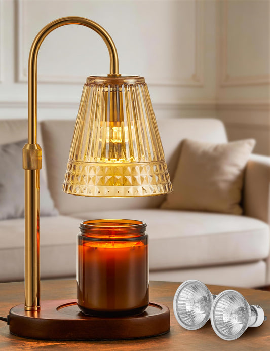 Candle Warmer Lamp with Dimmer & Timer，Adjustable Height for Jar Candles, Birthday Gifts for Mom Women Sister, Housewarming for New Home Decor, Wax Warmer for Jar Candles with 2 Bulbs (Amber-gold)