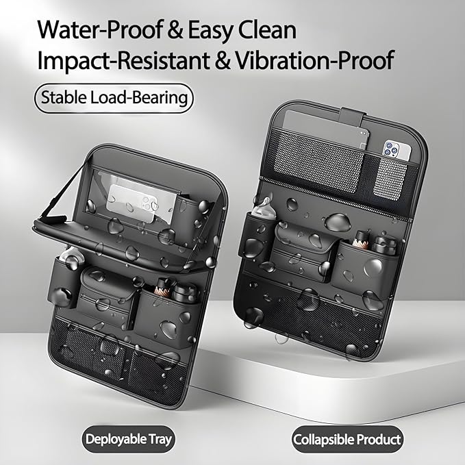 FASTAGEI 2 Pack Universal Foldable Car Backseat Organizer with Table Tray, Car Seat Back Protector with Touch Screen Phone Holder, Premium Leather Kick Mats with Storage Pockets Tissue Box (Black)