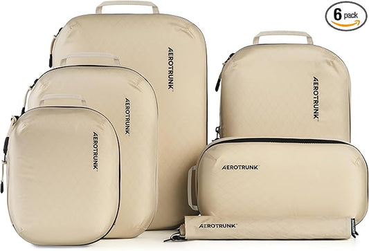 Aerotrunk Ultralight Compression Packing Cubes - Lightweight Travel Organizers for Suitcases and Luggage (6-Pack, Beige)