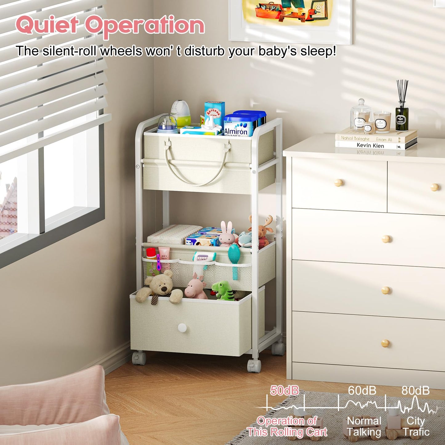 Cidaziya 2In1 Baby Diaper Caddy Organizer and Storage, 3 Tier Rolling Cart with Drawer, Detachable Dividers, Mobile Utility Cart Baby Dresser Clothes Organizer for Baby Essentials, Bedroom, Nursery