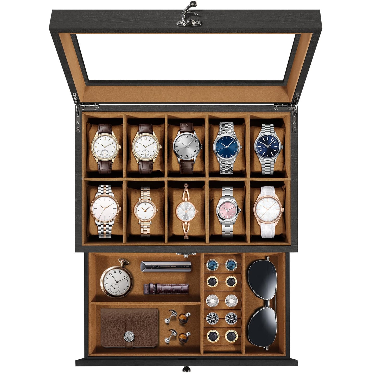 Uten 10-Slot Watch Box, 2-Layers Solid Wood Watch Display Case with Glass Lid, Watch Holder Organizer with Soft Pillow and Velvet Lining, Watch and Jewelry Storage Box, Brown