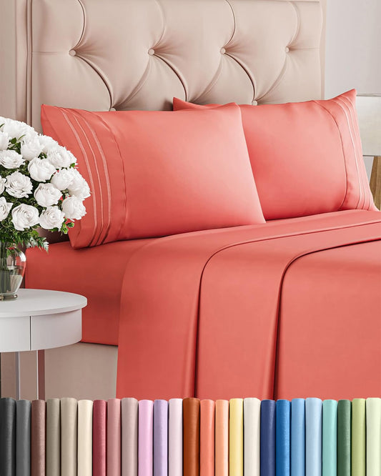 Queen Size 4 Piece Sheet Set - Comfy Breathable & Cooling Sheets - Hotel Luxury Bed Sheets for Women & Men - Deep Pockets, Easy-Fit, Extra Soft and Wrinkle Free Sheets - Coral Oeko-Tex Bed Sheet Set