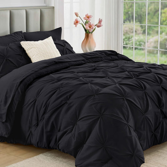 JOLLYVOGUE Black Queen Comforter Set 7 Pieces - Bed in a Bag Queen for All Season, Pintuck Bedding Comforter Sets with Comforter, Flat Sheet, Fitted Sheet and Pillowcases & Shams