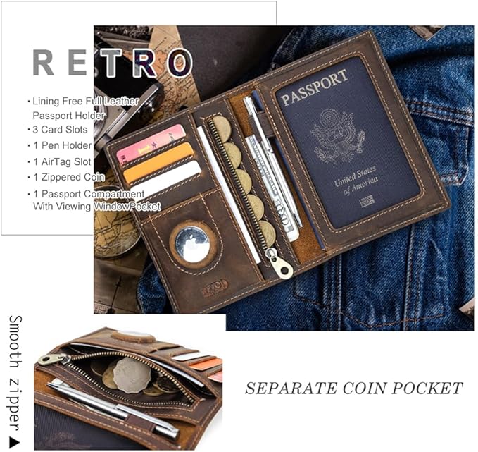 CONTACTS Full Grain Leather Airtag Passport Holder RFID Blocking Travel Passport Wallet Slim Passport Cover Case with 4 Cards Slots, Coin Pocket (Brown)