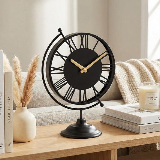 MICWIC Vintage Black Globe Desk Clock - Silent Non-Ticking 10.8" Table Clock with Roman Numerals - Battery Operated Decorative Metal Shelf Clock for Living Room, Bedroom, Office, Mantel Decor