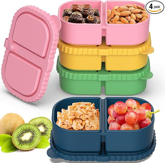 ICEROYCE 4 Pack Silicone Snack Containers with Lids, Double Compartment Snack Containers for Sauce, Reusable Silicone Food Storage Box for Lunch Office Travel