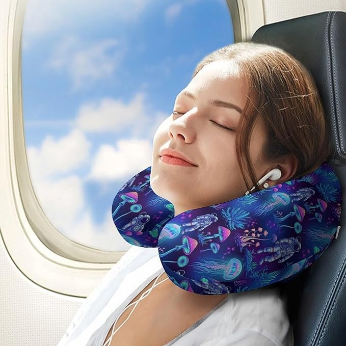 Lightweight Travel Neck Pillow Underwater Jellyfish Astronauts Mushroom Art Memory Foam U Shaped Cushion, Washable Removable Cover for Airplane Car Outdoor Rest