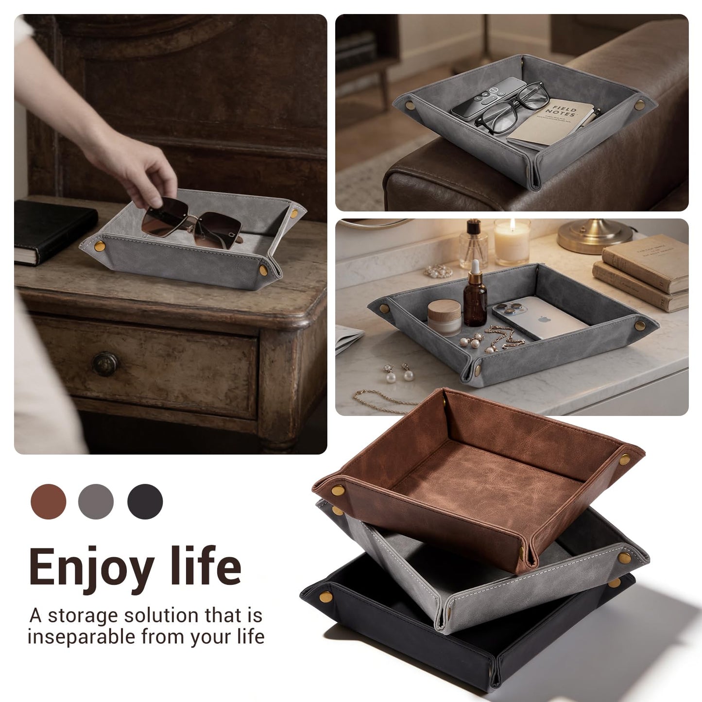 CoBak Leather Valet Tray, Premium PU Leather Catch-All Tray for Entryway Table Key, Phone, Wallet, Coins & Jewelry, Bedside Nightstand Desk-top Catchall (Gray)