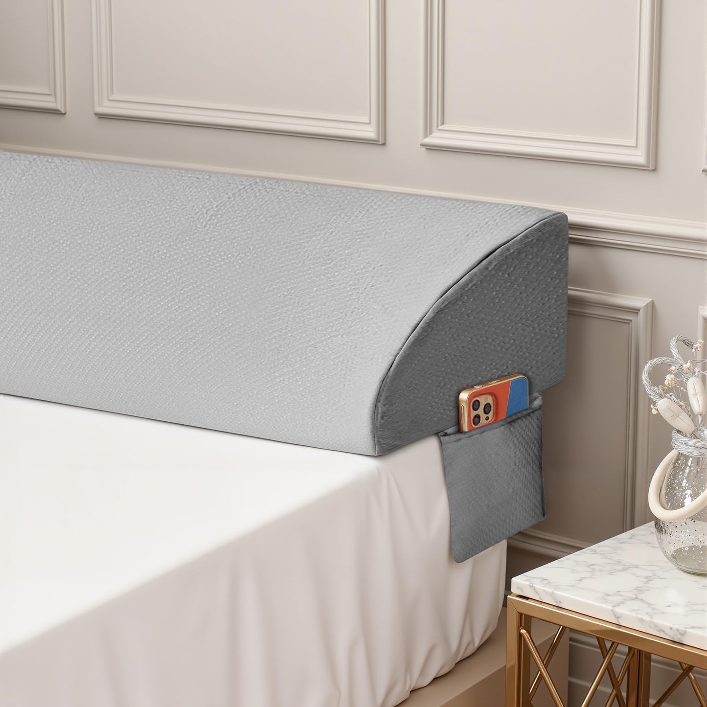 DUMOS Bed Wedge Pillow for Headboard & Mattress Gaps, 54-inch Long - Supportive Wedge Pillow with Side Pockets, Bed Wedge for Back Pain Relief, Reading & Sleeping, Removable Washable Cover