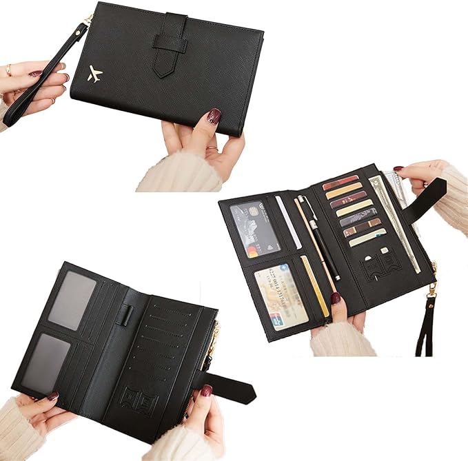 Waterproof Family Passport Organizer with RFID Blocking Genuine Leather Document Holder Card Slots Travel Wallet for Women Men Black (Pink)