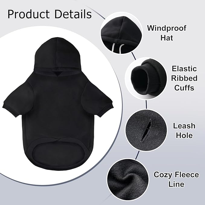 BAOBICUTE Dog Basic Hoodie Soft Dog Clothes Cold Weather Sweaters for Medium Large Dogs Cozy Fabric Warm Sweatshirt with Leash Hole (Black, XS (Back: 10.24",Chest: 14.96", Neck: 11.42"))
