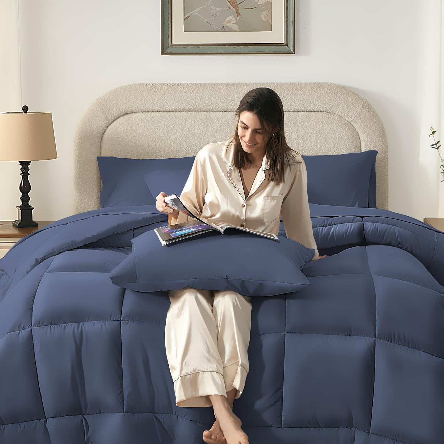 SunStyle Home Grayish Blue Full/Queen Comforter Set - 7 Pieces Bed in a Bag, Lightweight Goose Down Alternative Bedding Sets with All Season Comforter, 1 Flat Sheet, 1 Fitted Sheet, 4 Pillowcases