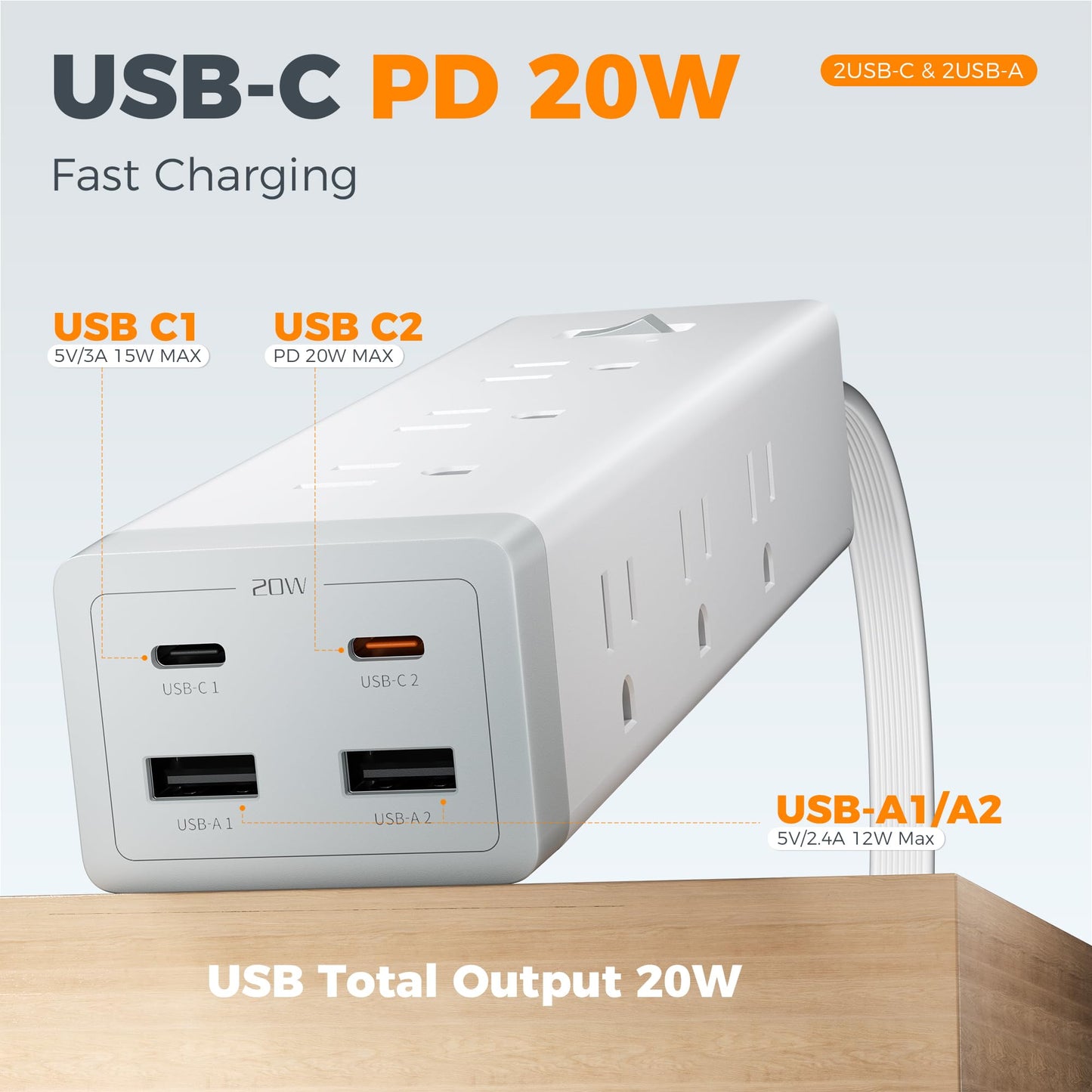 TESSAN Surge Protector Power Strip PD 20W, Ultra Thin Flat Plug 6 FT Extension Cord, 9 Outlets 4 USB(2 USB C), 1050J Protection Multiple Outlets Charging Station for Home, Office, College Dorm Room