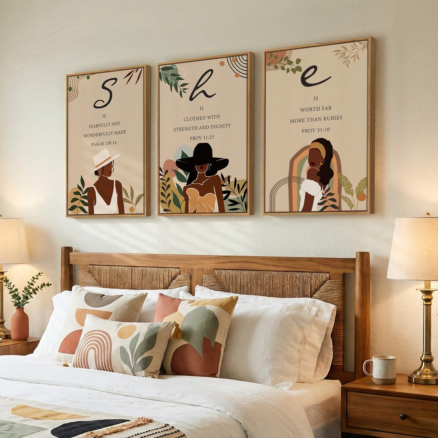 Framed Boho Black Girl Wall Art Set of 3, Large Modern African American Black Art Wall Decor Canvas Prints, Black Woman Portrait Fashion Neutral Artwork for Living Room, Bedroom or Office Wall Decor, 16x24 In