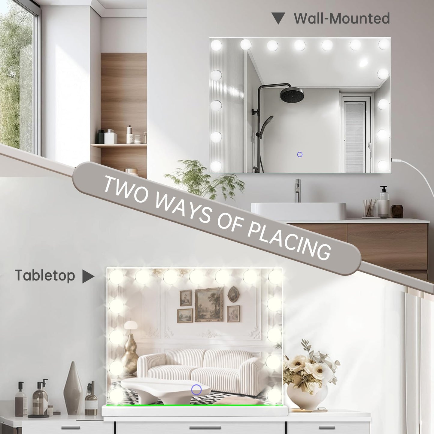 Amifiy Hollywood Vanity Mirror with Lights, 23" x 18" Lighted Makeup Mirror with 15 Led Bulbs, 3 Color Lights, 10x Magnification, Desk/Wall Mounted, Bedroom College Dorm Room Essentials