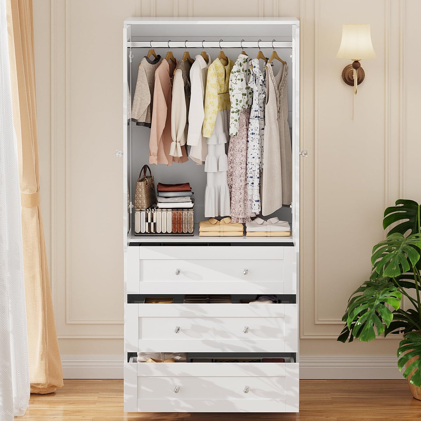 VOWNER Armoire Wardrobe Closet with Drawers and Mirror, 71" Clothing Storage Cabinet with Hanging Rod, 2 Doors Wooden Wardrobe Cabinet for Bedroom, Large Capacity Storage