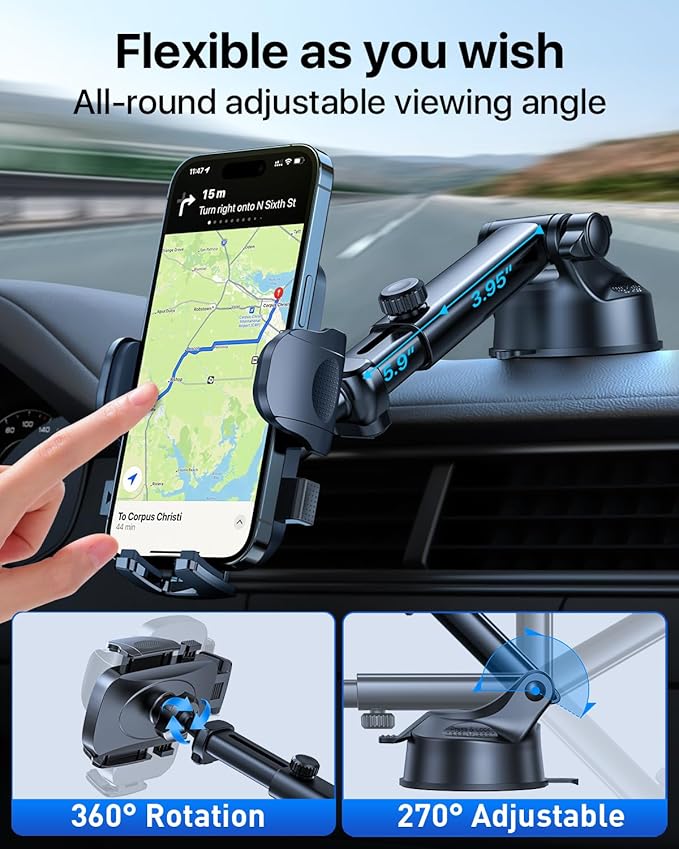 HTU 𝟐𝟎𝟐𝟔 𝐔𝐩𝐠𝐫𝐚𝐝𝐞𝐝【True Military-Grade】 Car Phone Holder【Safety Certs & No Smell】 Cell Phone Holder for Car Mount for Dashboard Windshield Air Vent Long Arm Thick Case,Red