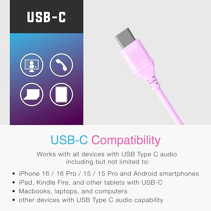 MEE audio KidJamz KJ55 Personalized USB-C Safe Listening Wired Headphones for Kids with Custom LED-Backlit Design, Volume Limiter, & Microphone for iPhone 15, iPad, & USB Type C Devices (Pink)