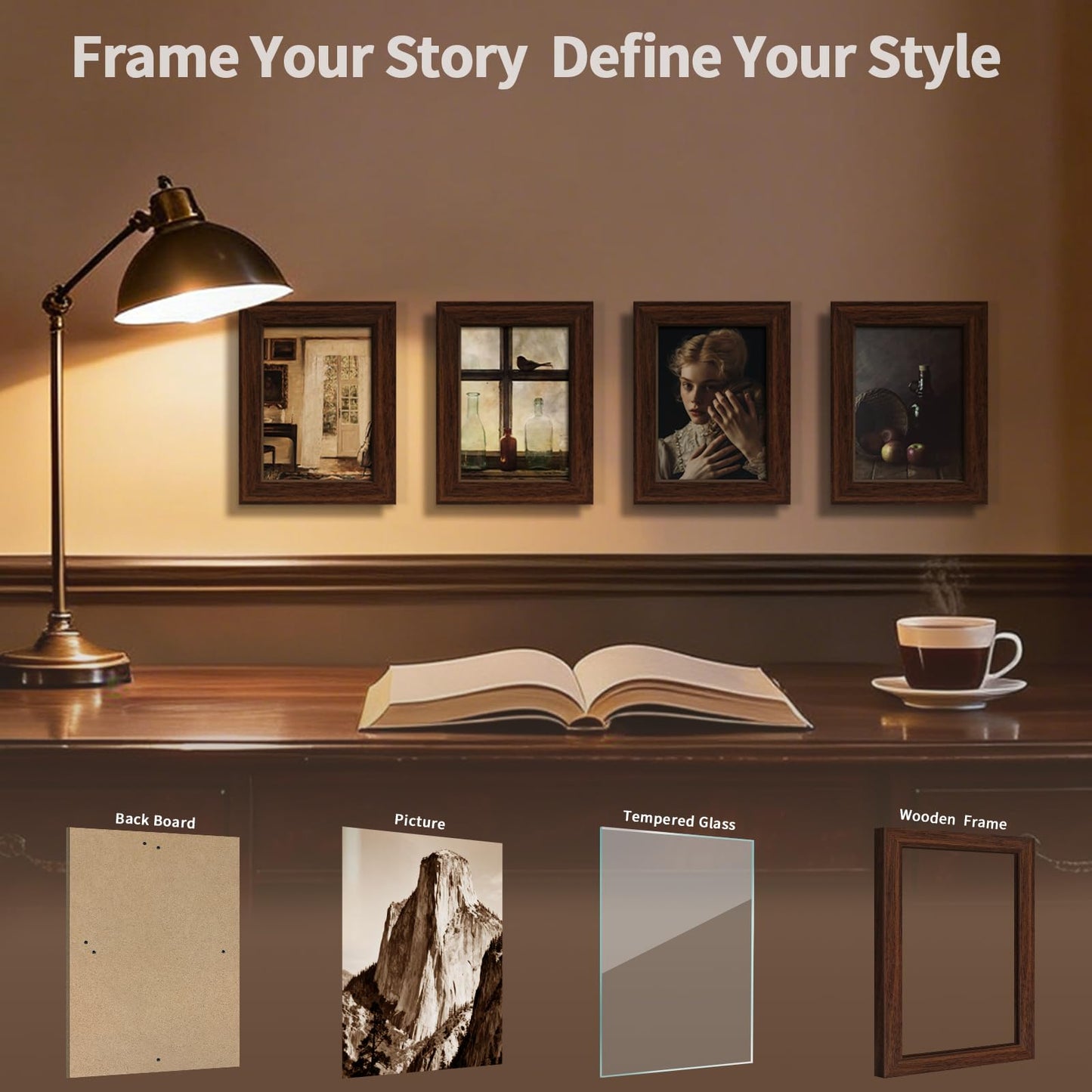 KissNow 5x7 Picture Frame 4 Pack, Brown Wood 7x5 Frame, Tempered Glass, Vertical or Horizontal Tabletop Display for Photos & Art Prints