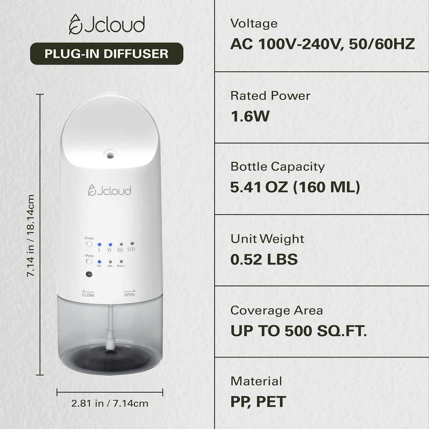 JCLOUD Plug in Diffuser for Essential Oils, Waterless Scent Diffuser Cover Up to 500 Sq. Ft. for Home, Office, Spa – Portable Smart Wall Diffuser 160ML, White