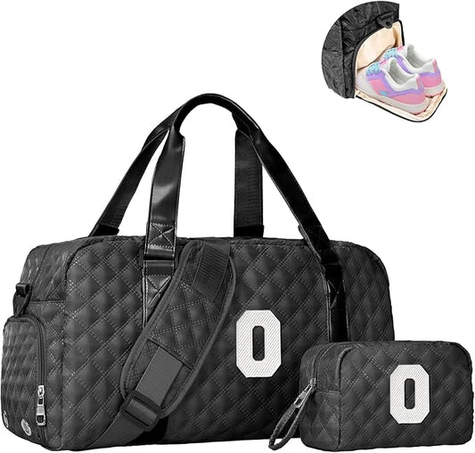 Elilier Initial Gym Bag for Girls, Kids Travel Duffel Bag, Graduation Gifts for Her, Personalized Weekender Bag with Shoes Compartment, Gifts for Mom, Girls Gifts for Kids