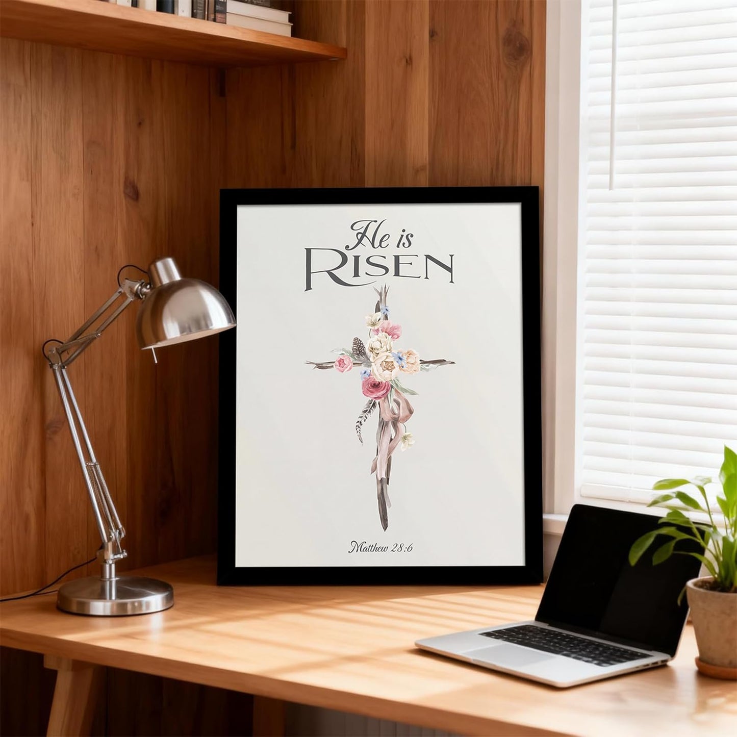 dzbLuck Christian Wall Art He Is Risen Canvas Print, Floral Cross Artwork with Bible Verse Matthew 28:6, Religious Wall Decor for Living Room Bedroom Church Home 12x16 Inch