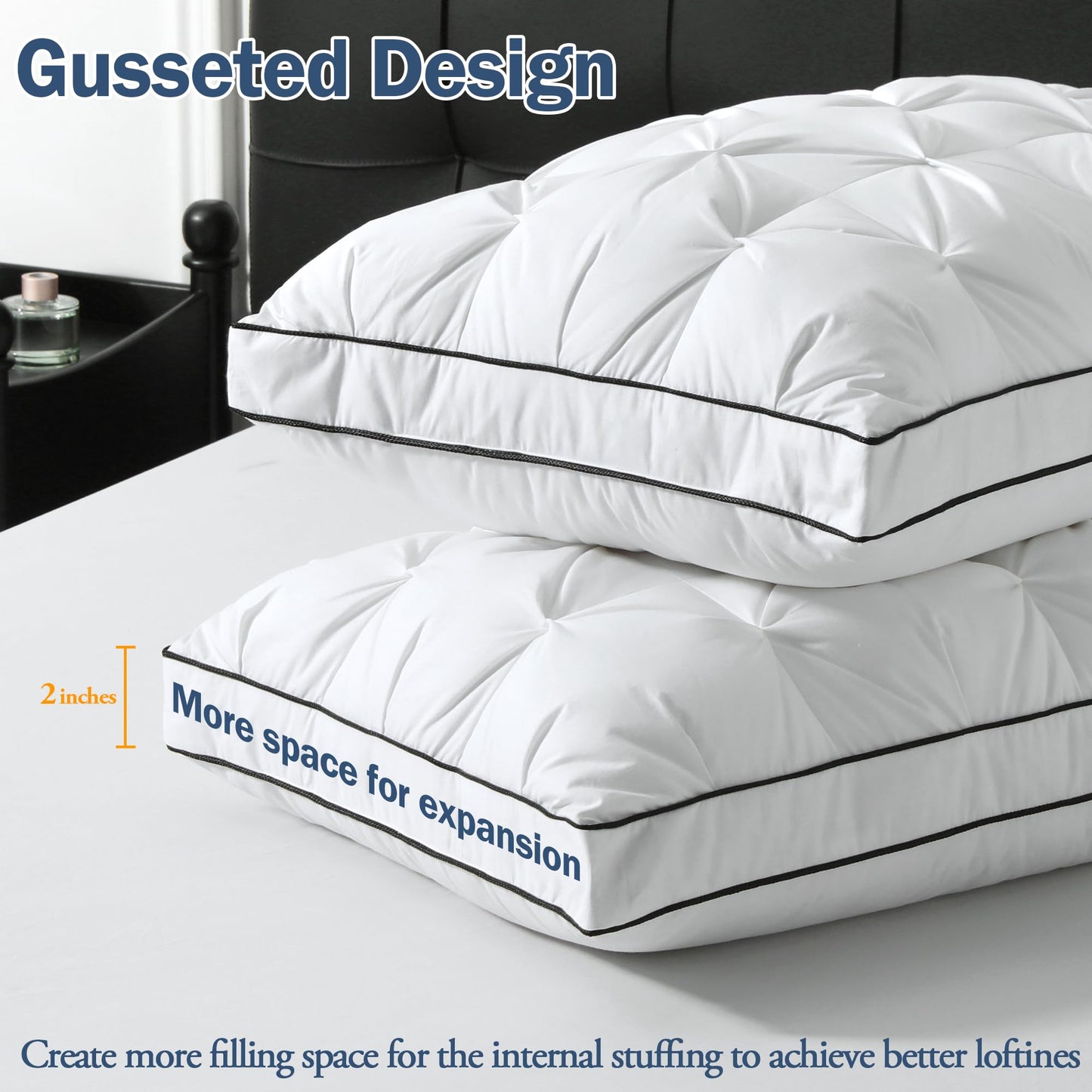 BPC Luxury Goose Feather Down Pillows King Size, Gusseted Hotel Bed Pillows for Sleeping, 100% Organic Cotton Cover, Surround Polyester Fill, Soft Fluffy for Sleepers (18"x34" + 2" Gusset, Pack of 2)