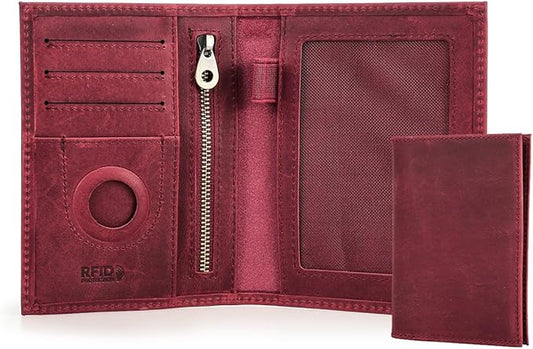 CONTACTS Full Grain Leather Airtag Passport Holder RFID Blocking Travel Passport Wallet Slim Passport Cover Case with 4 Cards Slots, Coin Pocket (Wine Red)