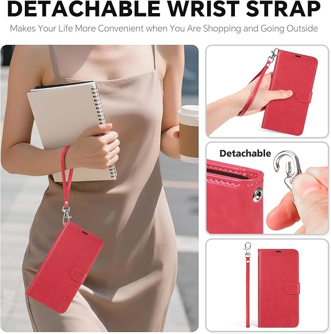 TUCCH 2-in-1 Removable Case Wallet for iPhone 17 (6.3") 2025, Detachable Wrist Strap, 4 Card Holders RFID Blocking, Wireless Charging, Stand, Magnetic, PU Leather, Shockproof Folio Cover, Red