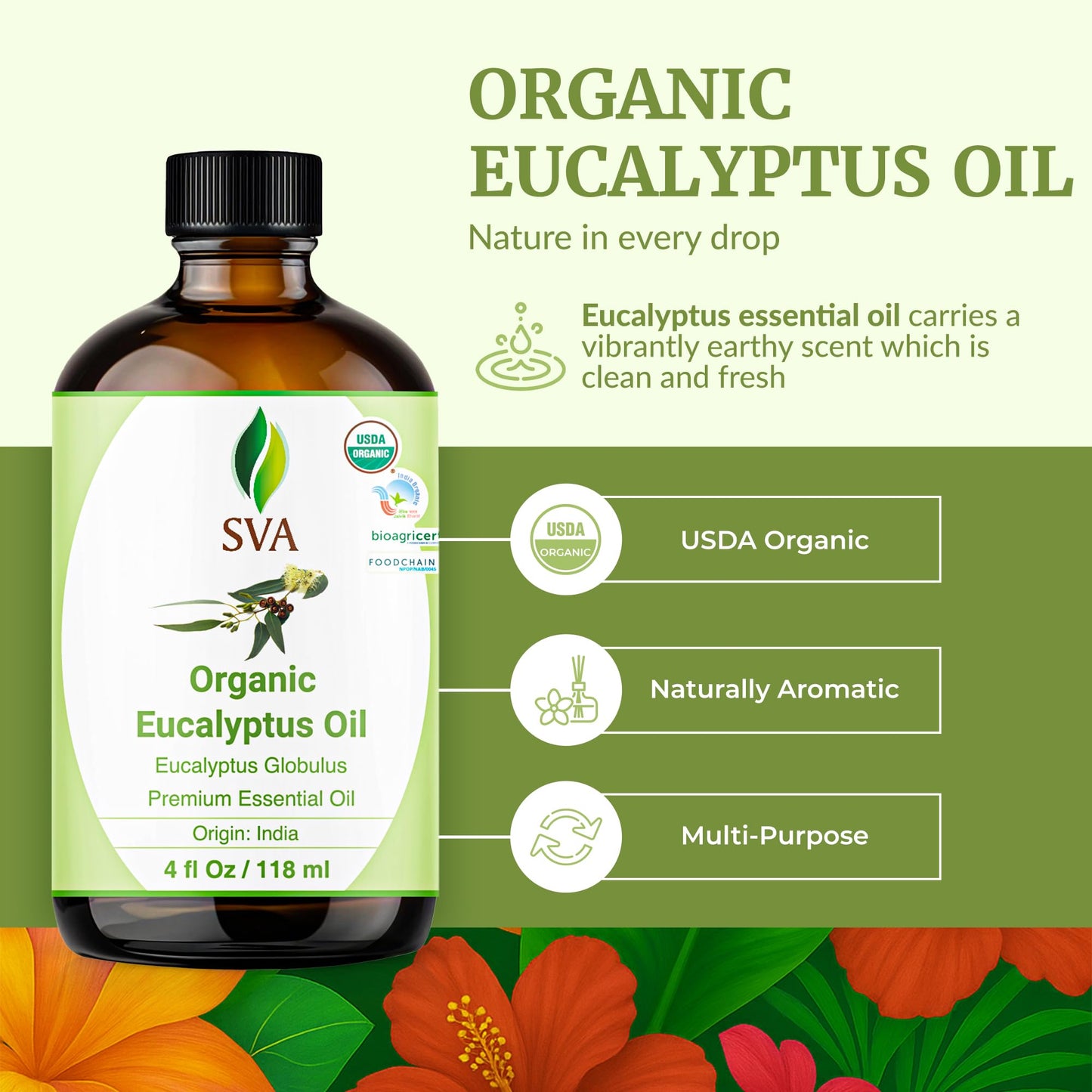 SVA Organic Eucalyptus Essential Oil with Dropper, 4 Fl Oz (118 mL)