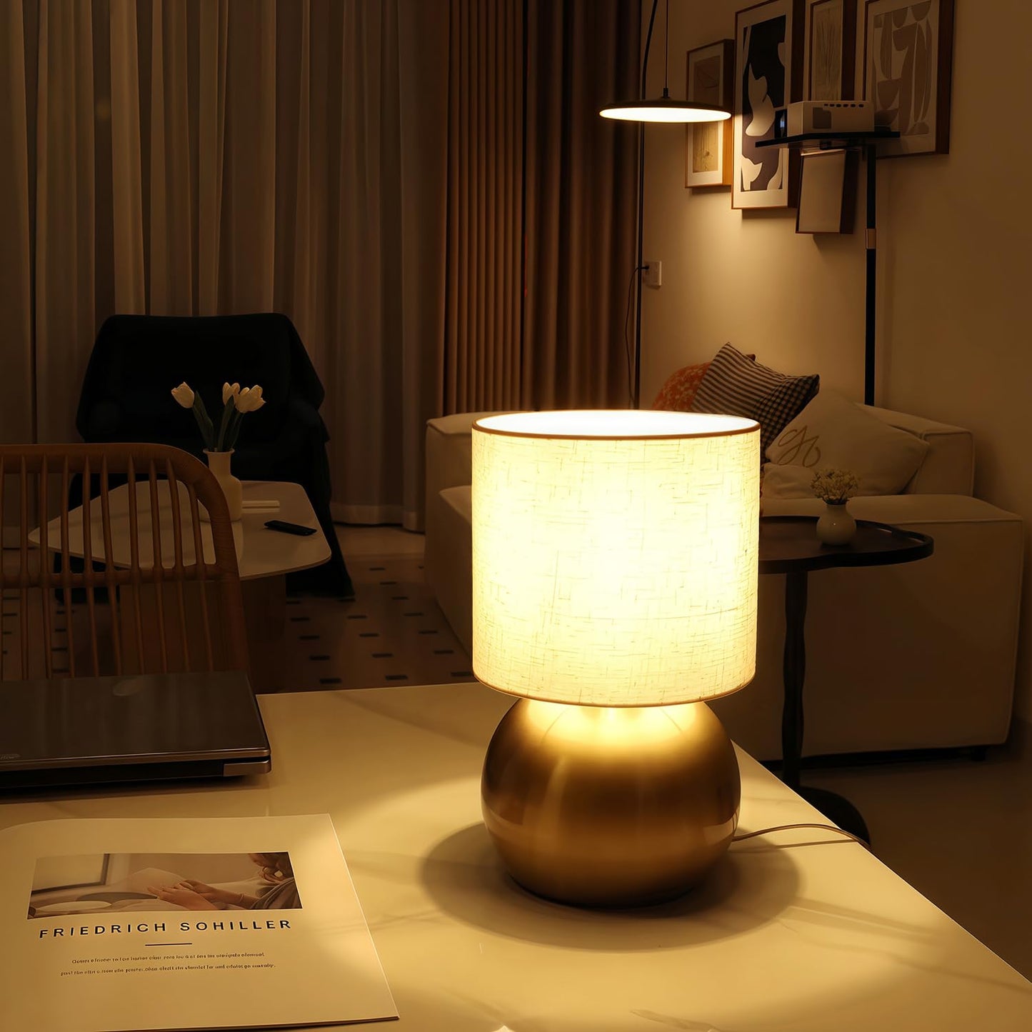 LHYueTong Modern Small Table Lamp Set of 2, Minimalist Nightstand Bedside Lamps with One-Button Inline Switch, H 10.4 Inch Desk Light for Bedroom, Living Room,Including Light Bulb（Golden）