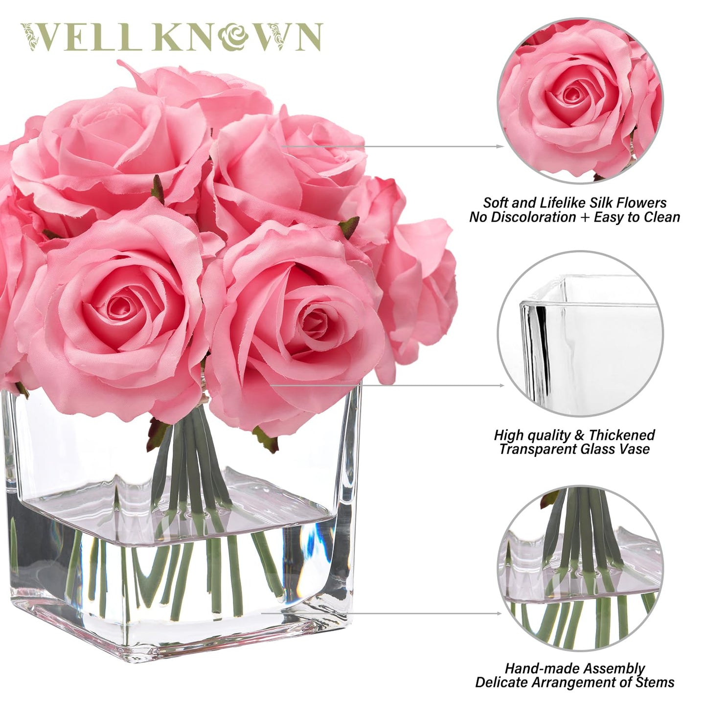 WELL KNOWN Rose Artificial Flowers in Vase with Faux Water, Silk Rose Table Centerpieces for Home Coffee Table Decor, Fake Roses Flower Arrangements for Office Hotel Lavatory Decor (Pink)