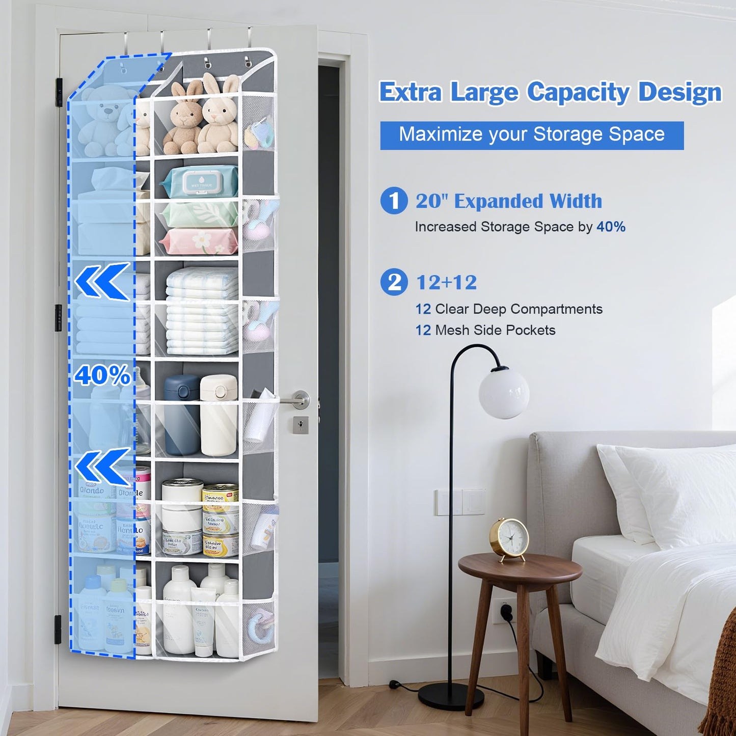 Univivi Over the Door Organizer, 6 Tiers Behind Door Storage with Clear Deep Pockets Hanging Organizer for Closet, Bedroom, Nursery, Bathroom and Sundries (Grey)