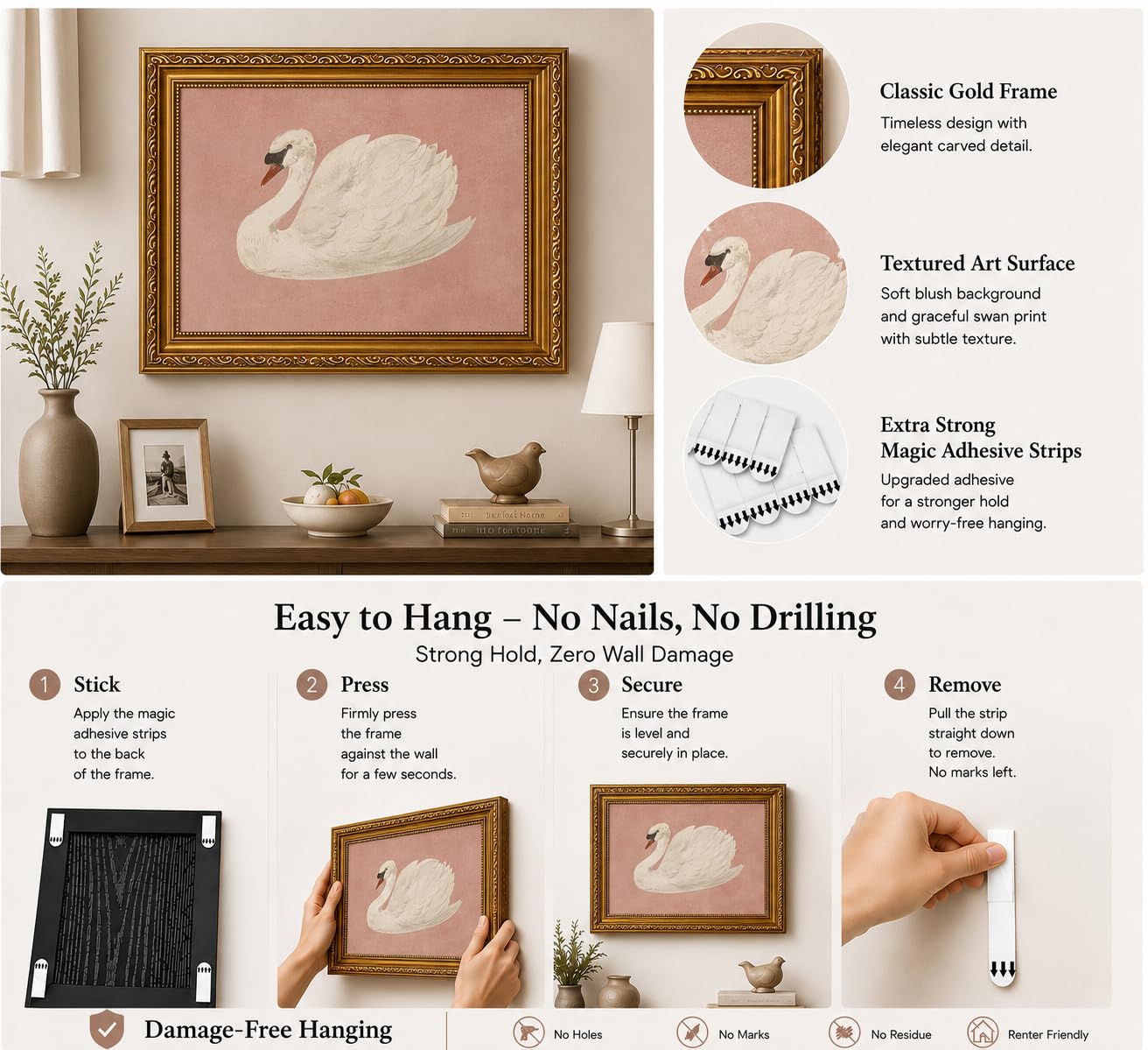 FKRYTYB Vintage Gold Framed Classical Pink Swan Canvas Wall Art, 11x9in