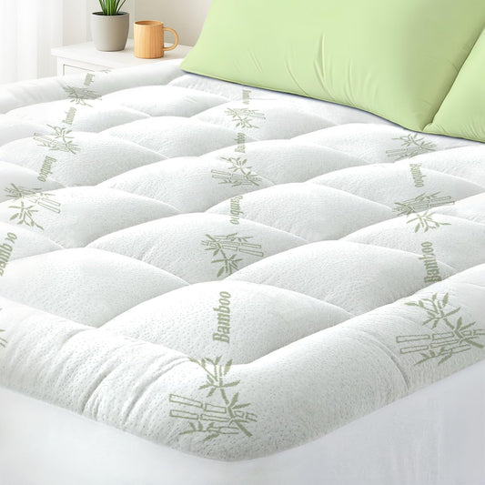 Full Mattress Topper Viscose Derived from Bamboo, Cooling Thick Pillow Top Mattress Pad with Deep Pocket for 8"-21" Mattress, Soft Breathable Mattress Topper for Back Pain Relief, Green