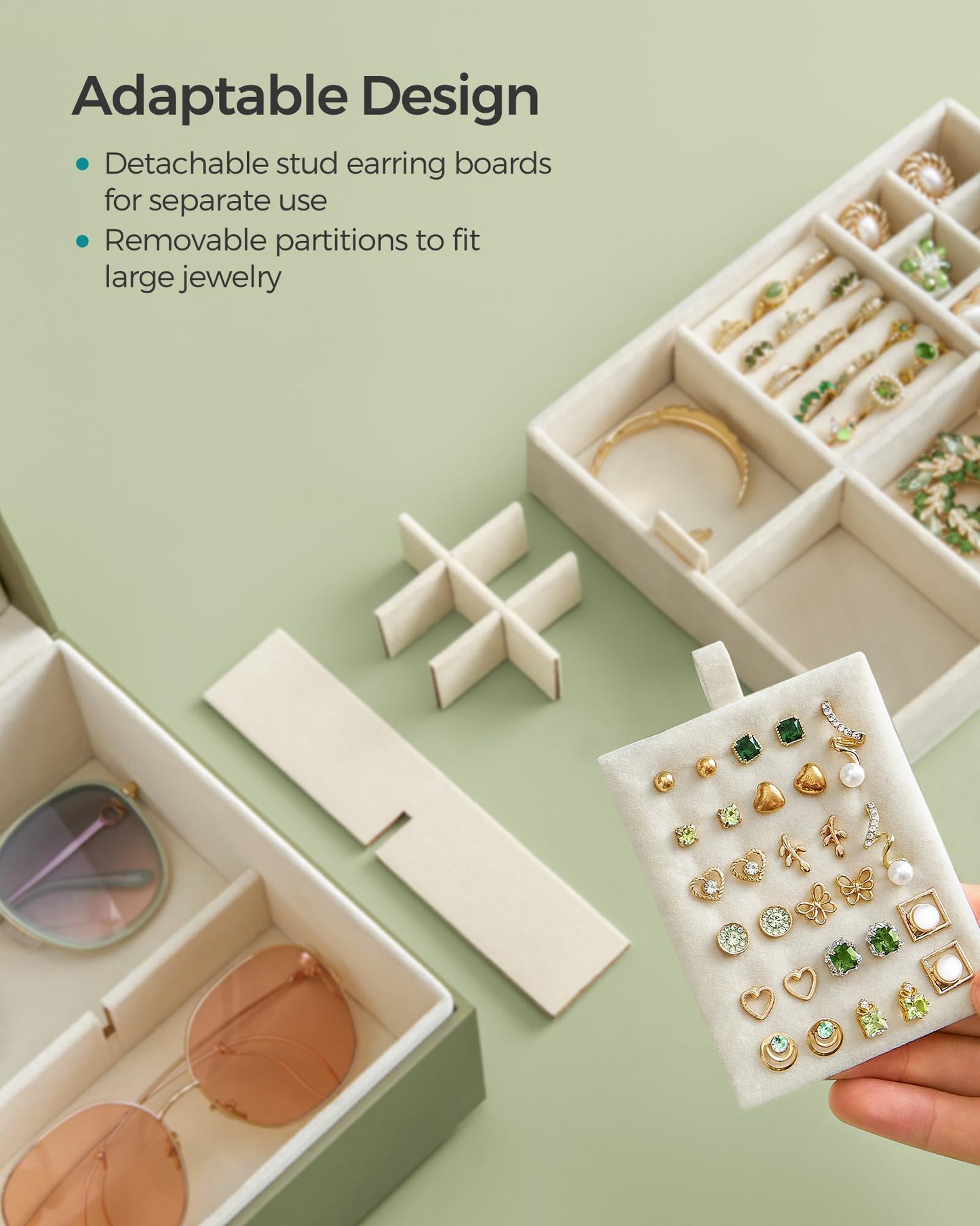 SONGMICS 2-Layer Jewelry Box, Jewelry Organizer with Handle, Removable Jewelry Tray, Jewelry Storage, Floating Effect, 8.1 x 9.4 x 4.3 Inches, Gift Idea, Sage Green UJBC165C02