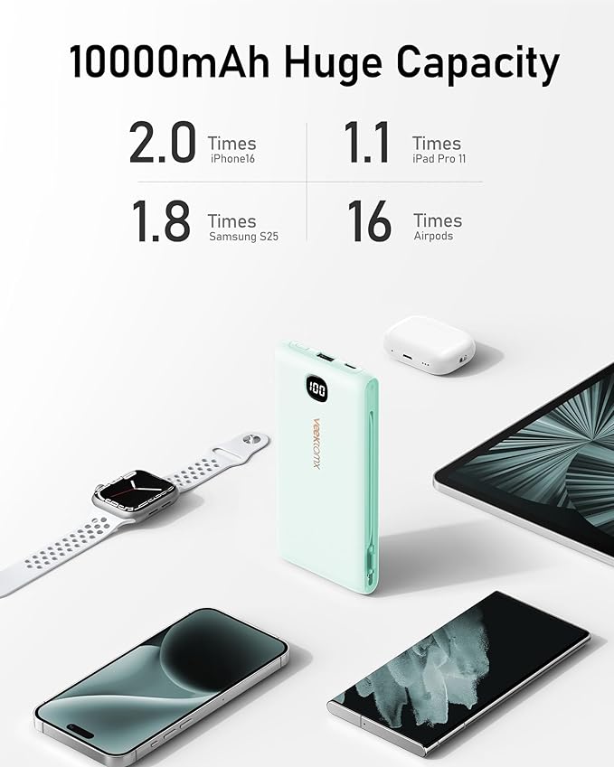 VEEKTOMX Portable Charger with Built in Cables 10000mAh, Power Bank for iPhone with Wall Plug, Travel Essential Fast Charging Slim USB C External Battery Pack for iPhone 17/16/15, Samsung, iPad, etc