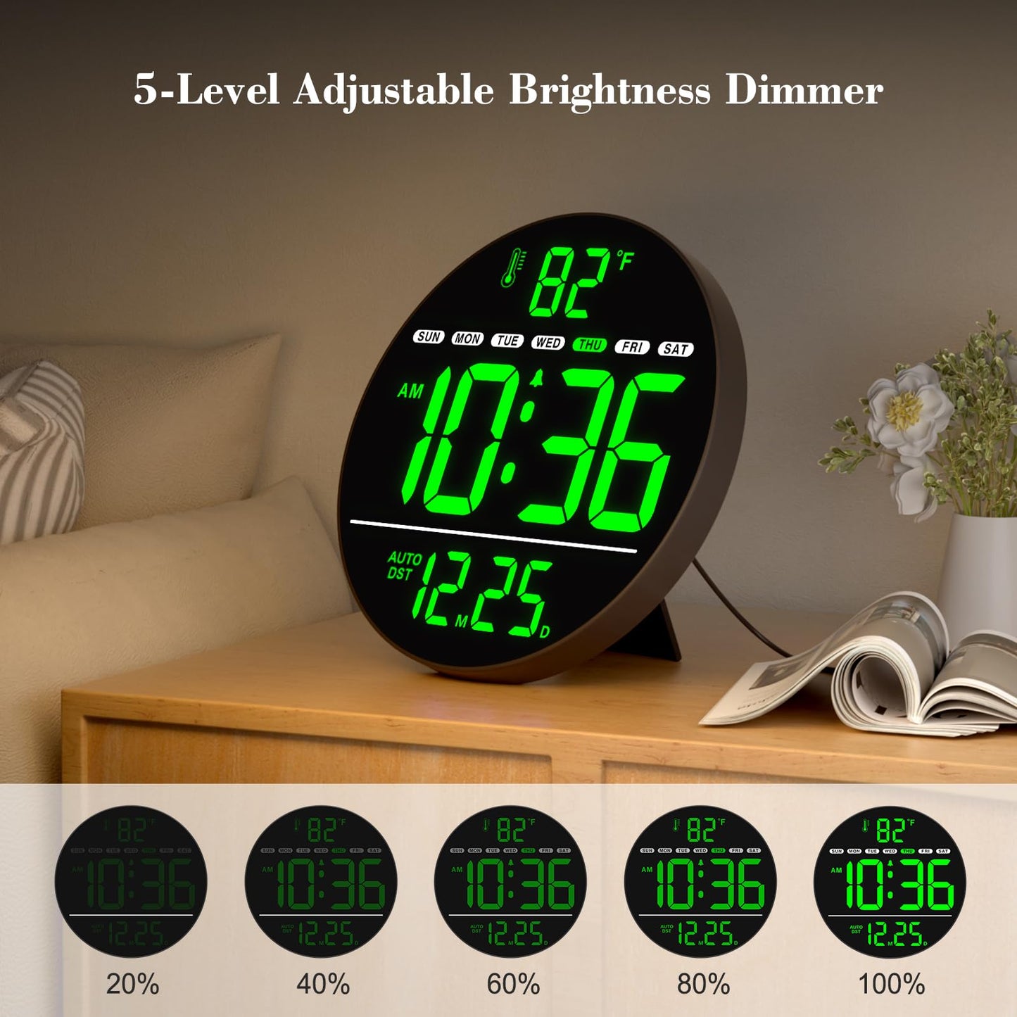 WallarGe Large Digital Wall Clock with LED Display, Electric Wall Clock with Temperature, Auto DST, Date, and Day, 5-Level Brightness for Office, Bedroom, Living Room, Classroom Décor