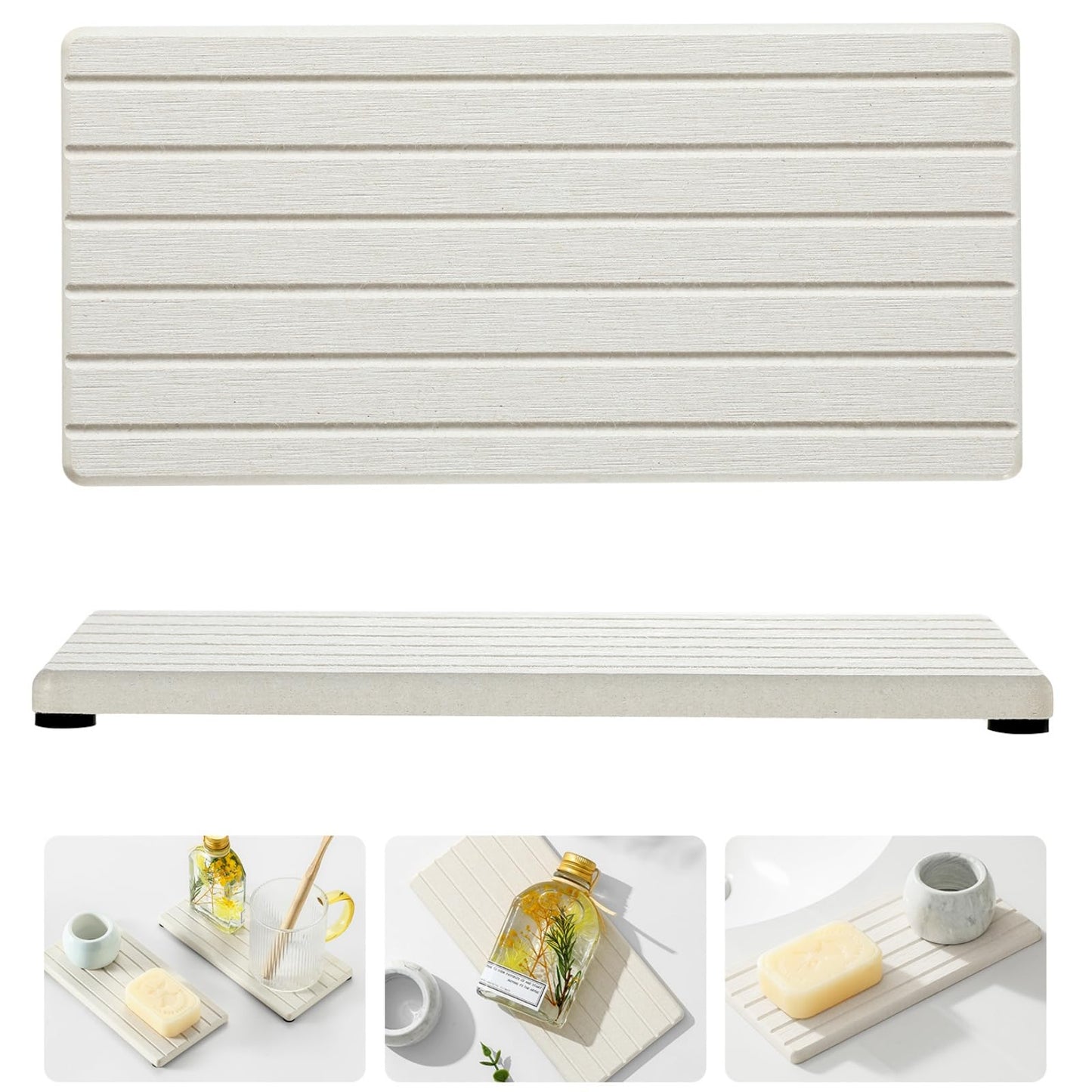 Razborci 2 Pack Greige Bathroom Sink Vanity Trays, Diatomite Stone Kitchen Counter Caddy Dish Soap Dispenser Sponge Holder, Water Absorbing Mat Organizer for Plant,Cosmetic Bottle, Beige, 8"x3.8"