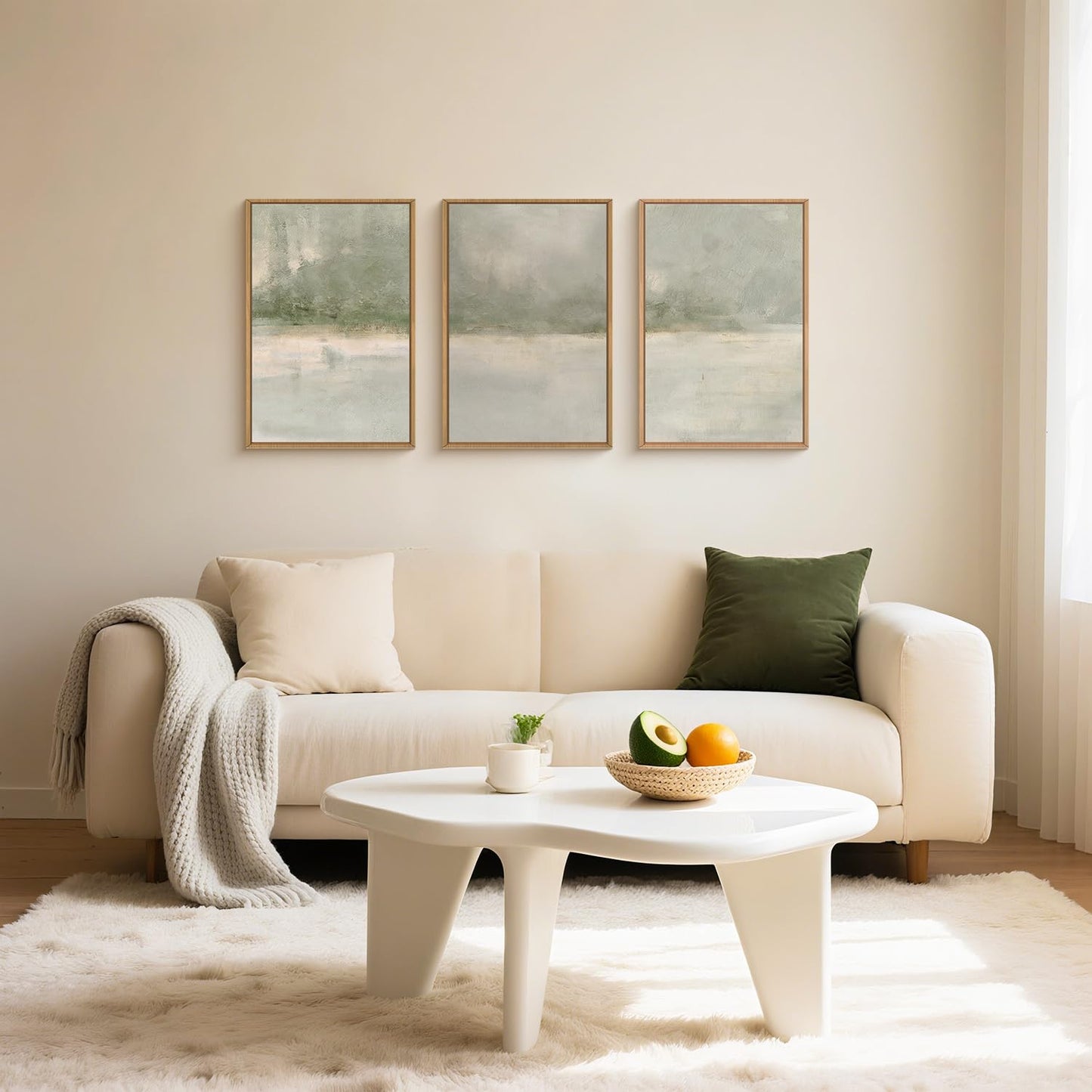 FWIEXA Grey Green Abstract Canvas Wall Art Set 3, Neutral Landscape Framed Prints, Modern Lake Scenery Paintings, Beige 16x24In Watercolor Artwork Poster for Farmhouse, Living Room, Bedroom, Office