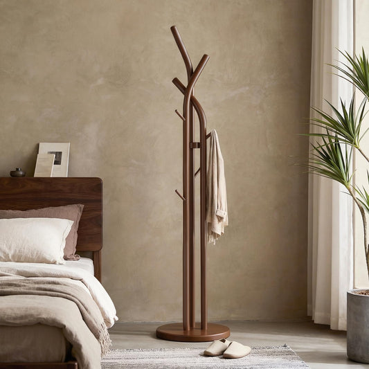 Solid Wood Coat Rack Freestanding Wood Coat Tree Rack with 9 Hooks, Creative Tree-Shaped Design, Standing Coat Rack Clothes Hanger Stand with Sturdy Base for Entryway, Bedroom - Load 300lb (Walnut)