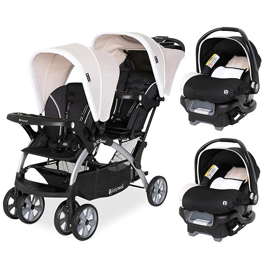 Baby Trend Infant and Toddler Double Stroller & 2 Car Seat Combo, 3 Pc Set, Khaki - Portable and Lightweight Stroller Duo and Car Seat Travel System Tandem