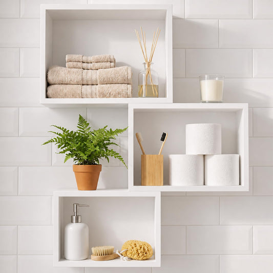 Novabright White 3 Set Floating Cube Shelves Wall Mounted Rustic Wood Square Storage Box Shelves Hanging Storage for Bathroom Decor Farmhouse Wall Toilet Living Room Kitchen Bedroom Organizer