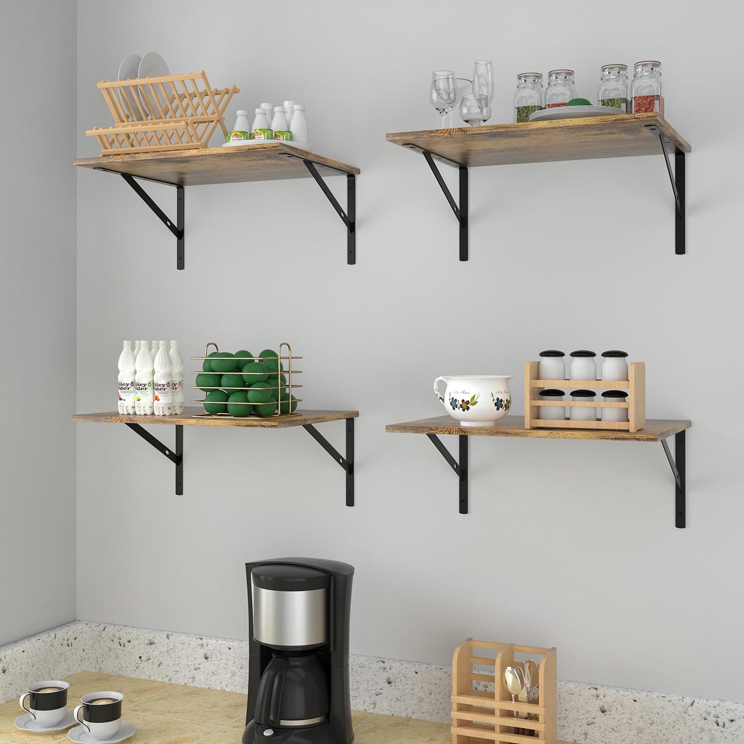 Dushikent Deep Floating Wall Shelves - 4 Sets of 12 Inch Wide Rustic Brown Wood Shelves for Bathroom, Bedroom, Kitchen, Living Room