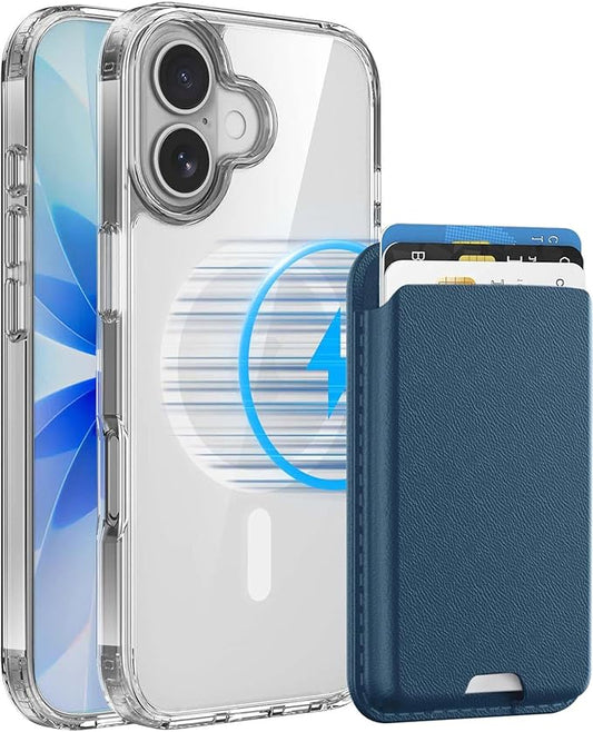 Ntwinro Magnetic for iPhone 17 Clear Case (Compatible with MagSafe) with Blue Detachable Wallet & Card Holder for 3 Cards [RFID Blocking] Military Grade Protective Slim Phone Cover