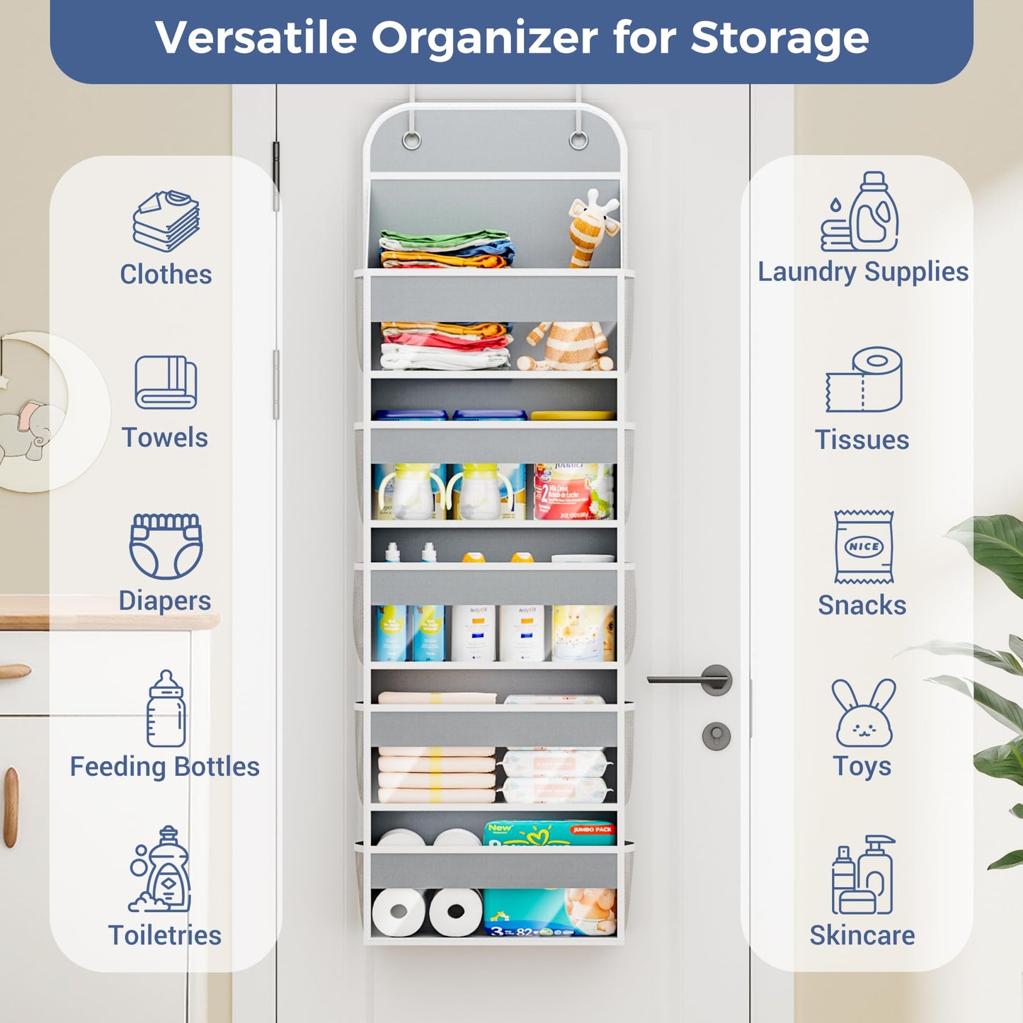 COOLBEBE Over the Door Organizer, 5-Shelf Hanging Organizer with 10 Side Pockets, 44LB Behind the Door Storage for Bathroom Bedroom Closet and Baby Essentials, Grey