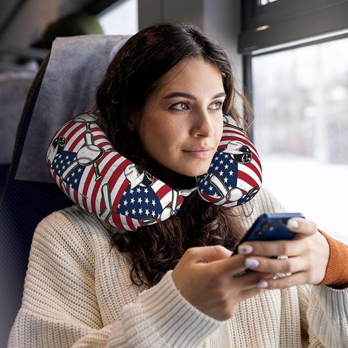 Funny Neck Pillow Support for Car Flight Rest Vintage Baseball American Flag, Memory Foam U Shaped Decor Head Cushion for Home Outdoors Travel